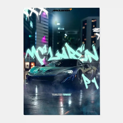 A sleek dark blue mclaren p1 gtr luxury poster with a glossy finish perfect for living room home decor
