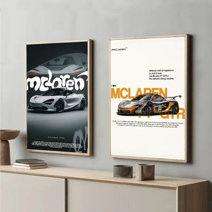 Two framed mclaren posters featuring a white 720s and an orange and black mclaren p1 gtr luxury poster for living room decor