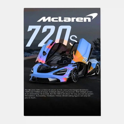 A vibrant blue and orange mclaren p1 gtr luxury poster with glossy iridescent finish for living room decor