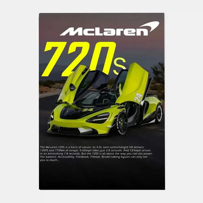 Vibrant lime green mclaren 720s with black accents and open dihedral doors featured in gtr luxury poster for living room decor