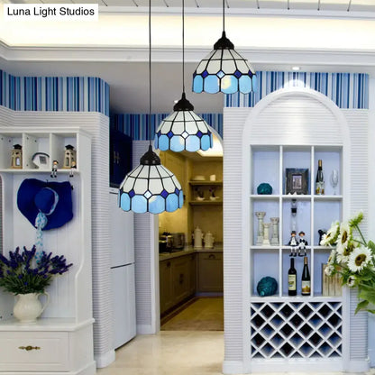 Three hanging mediterranean cut glass pendant bowl hanging light fixture with blue and white stained glass shades