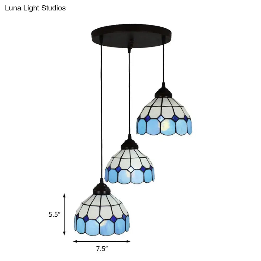 Three-tiered mediterranean cut glass blue and white bowl hanging light fixture by decorbites for bedrooms