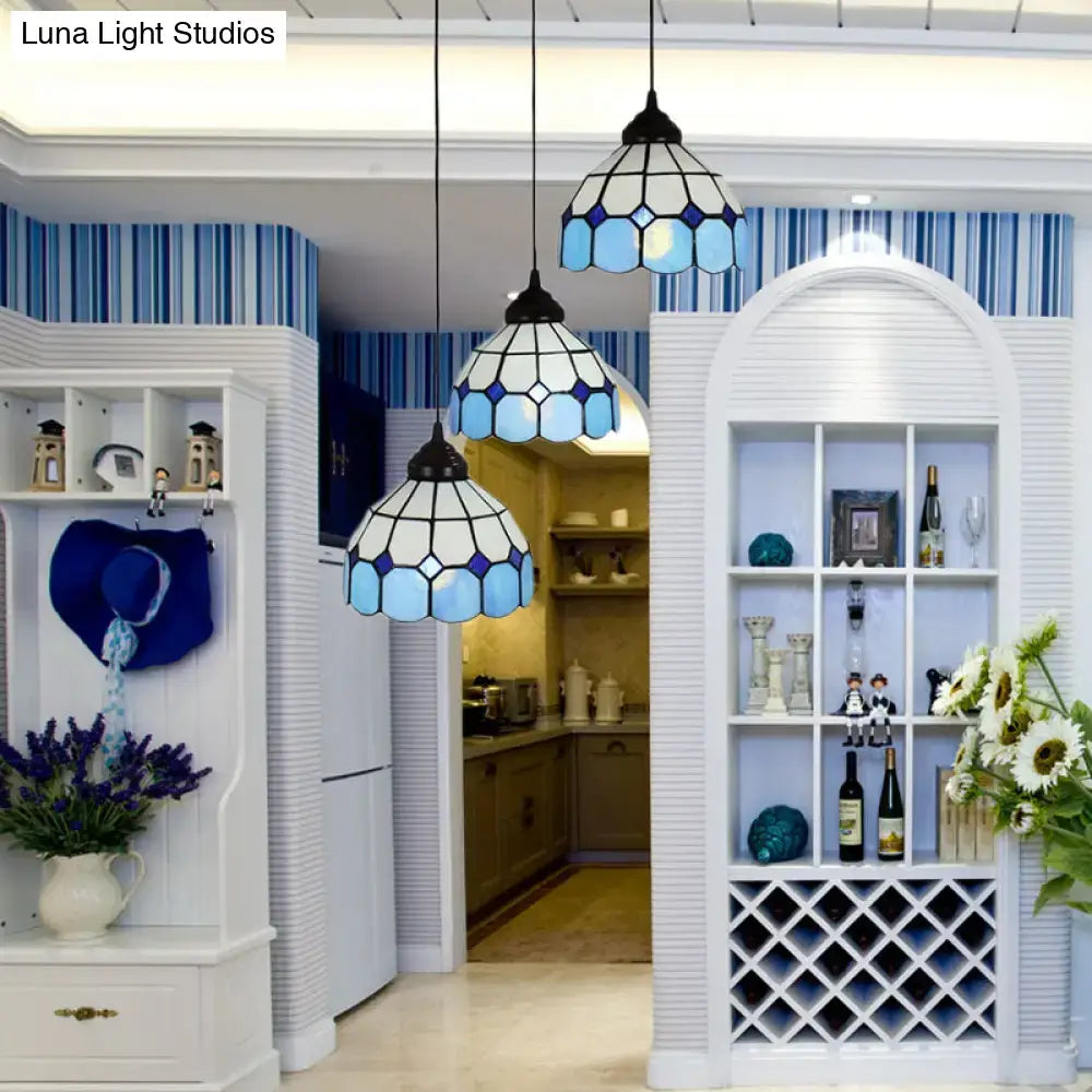 Three hanging pendant lights with mediterranean cut glass blue and white stained bowl hanging light fixture for bedrooms