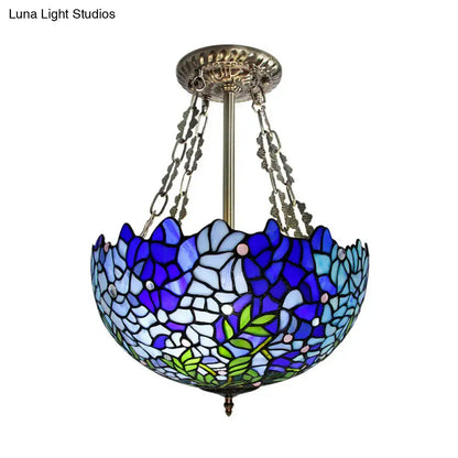 Decorbites™ mediterranean stained glass 3-headed blue semi-flush dome ceiling light with floral design 220v-240v e26 e27
