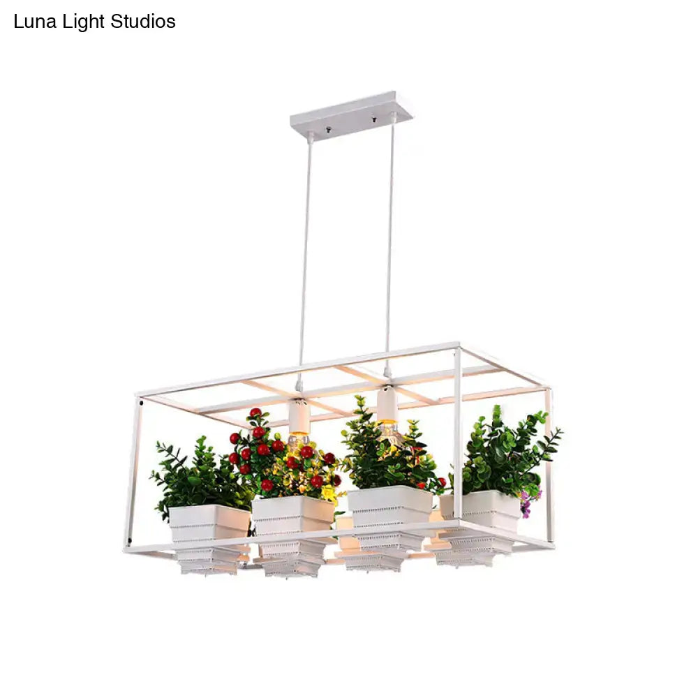 White metal rectangular light fixture with integrated planters featuring artificial bonsai and fixture width for restaurants
