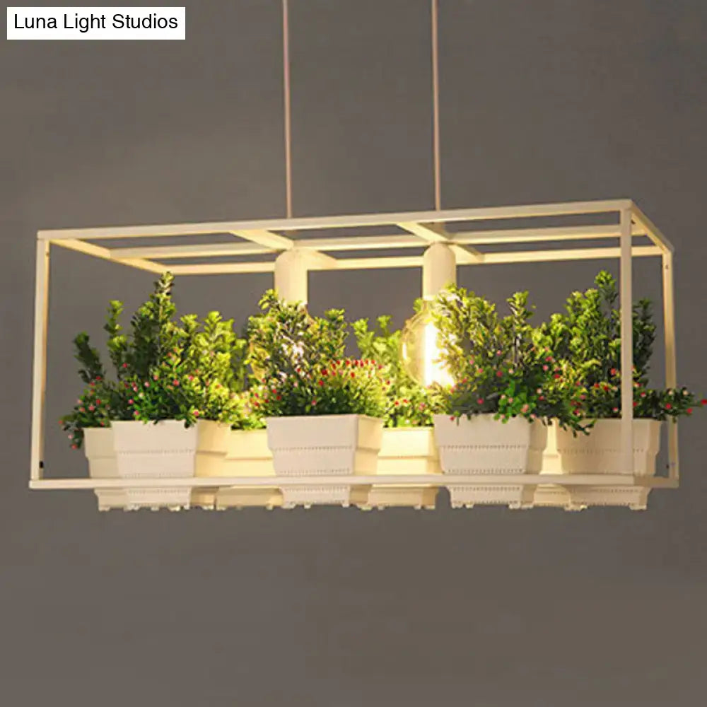 DecorBites metal white rectangular light fixture with integrated led bulbs and artificial bonsai in five ceramic pots and fixture width