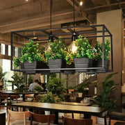 DecorBites metal 2-head rectangle pendant light fixture in black with four bulbs and hanging artificial bonsai plants