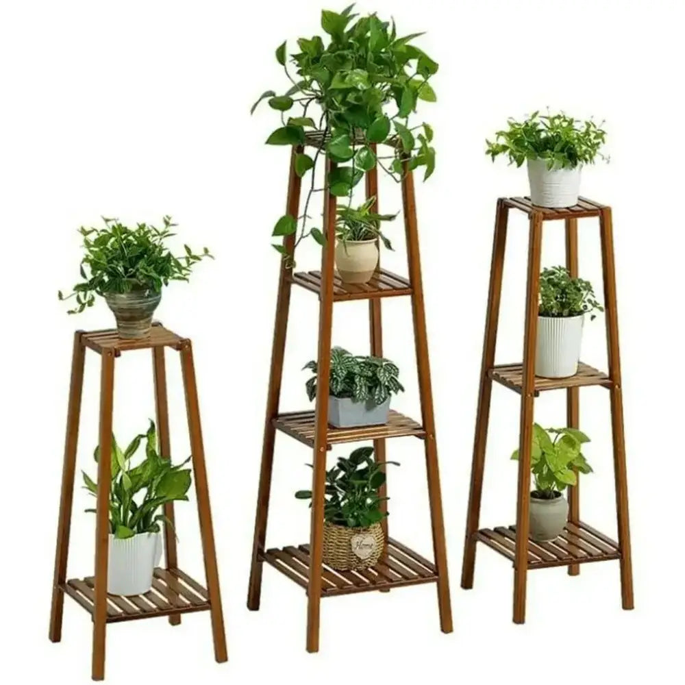 Decorbites metal 3-tier corner plant stand with three natural brown wooden slatted shelves for corner plant display