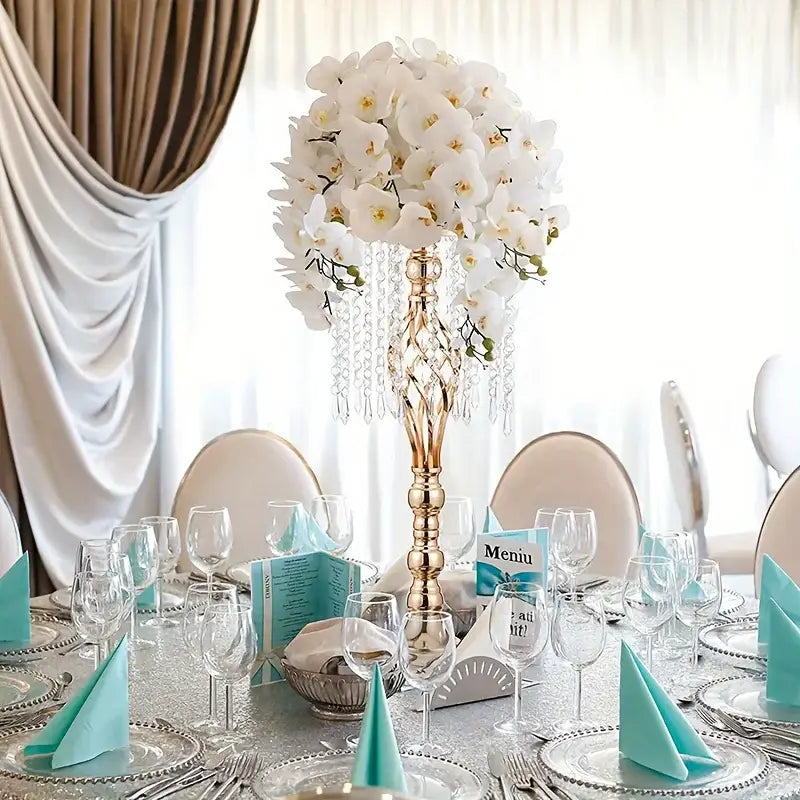 Elegant gold metal flower vase with cascading white orchids for wedding centerpieces by DecorBites™