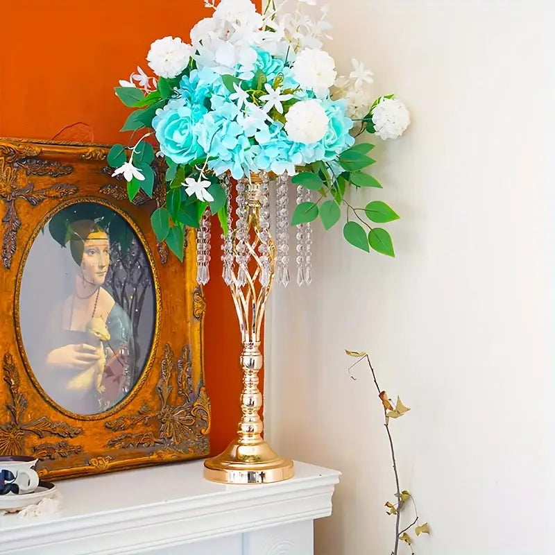 Elegant gold-toned metal flower vase with crystal accents and turquoise white artificial blooms for wedding centerpieces