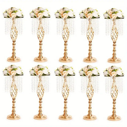 DecorBites metal flower vases in gold with intricate lattice design topped with white and peach roses for wedding centerpieces
