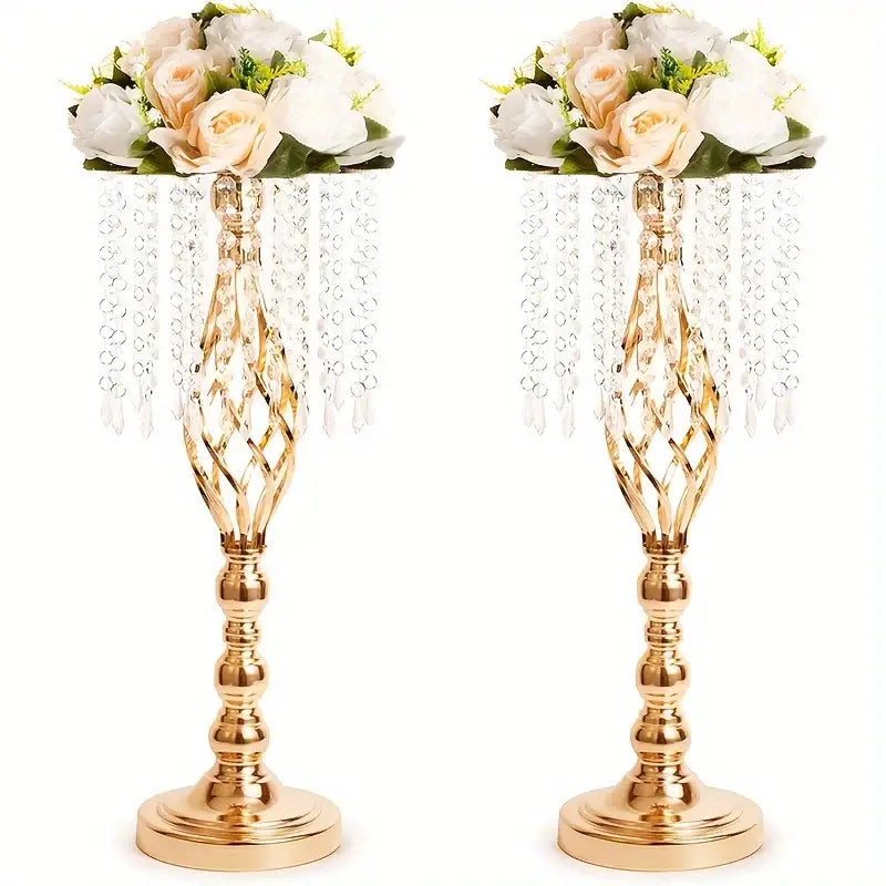 Gold-colored crystal chandelier style metal flower vases with cascading clear beads and white roses for wedding centerpieces