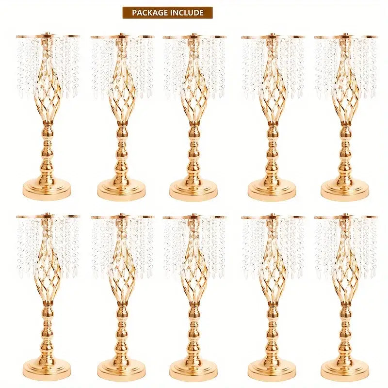 Gold-colored crystal chandelier candle holders with twisted lattice designs complement metal flower vases for weddings