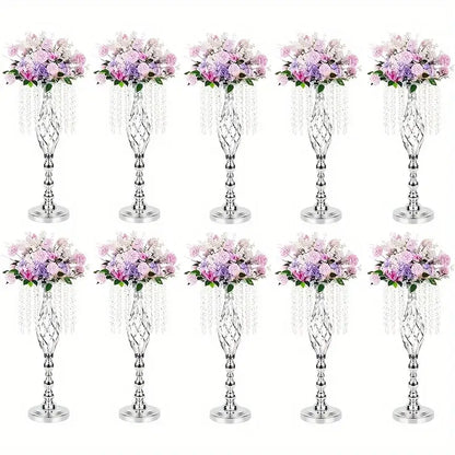 Silver metal flower vases with intricate twisted designs and clear beads for wedding centerpieces by DecorBites™