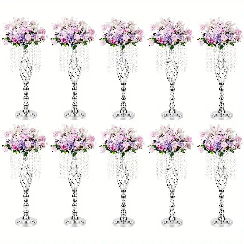 Silver metal flower vases with intricate twisted designs and clear beads for wedding centerpieces by DecorBites™