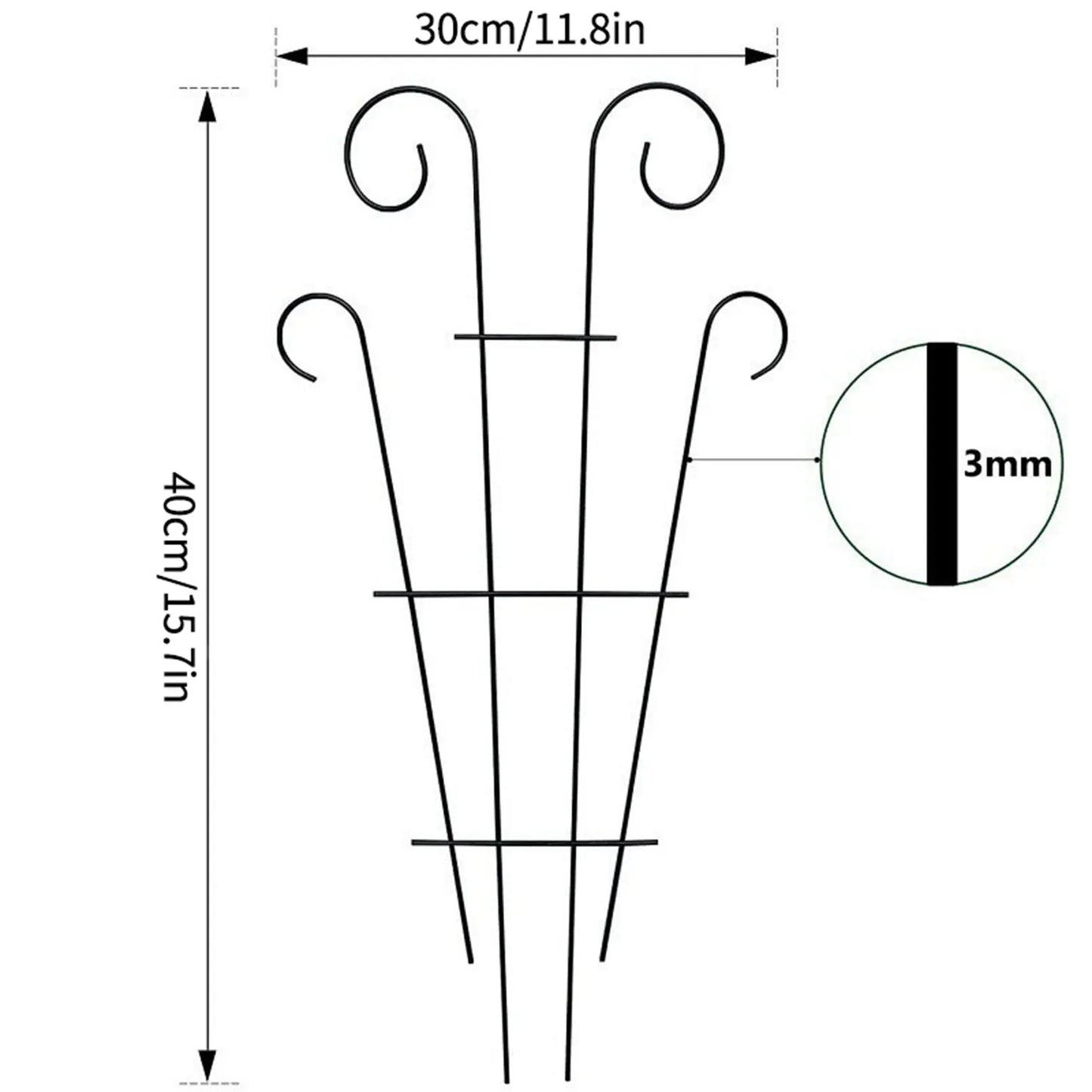 Black wrought iron metal garden plant stand with ornate curved tops and horizontal crossbars for indoor and outdoor use