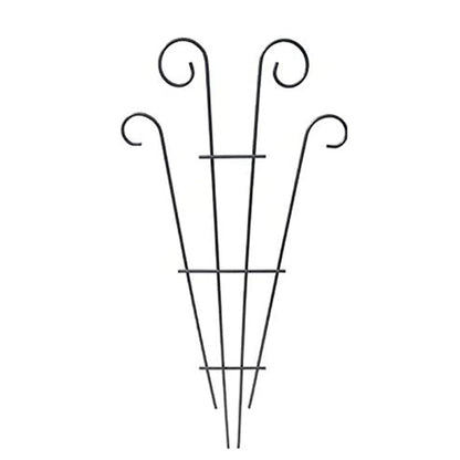 Black wrought iron metal garden plant stand with elegant curved tops and vertical support bars for indoor and outdoor use