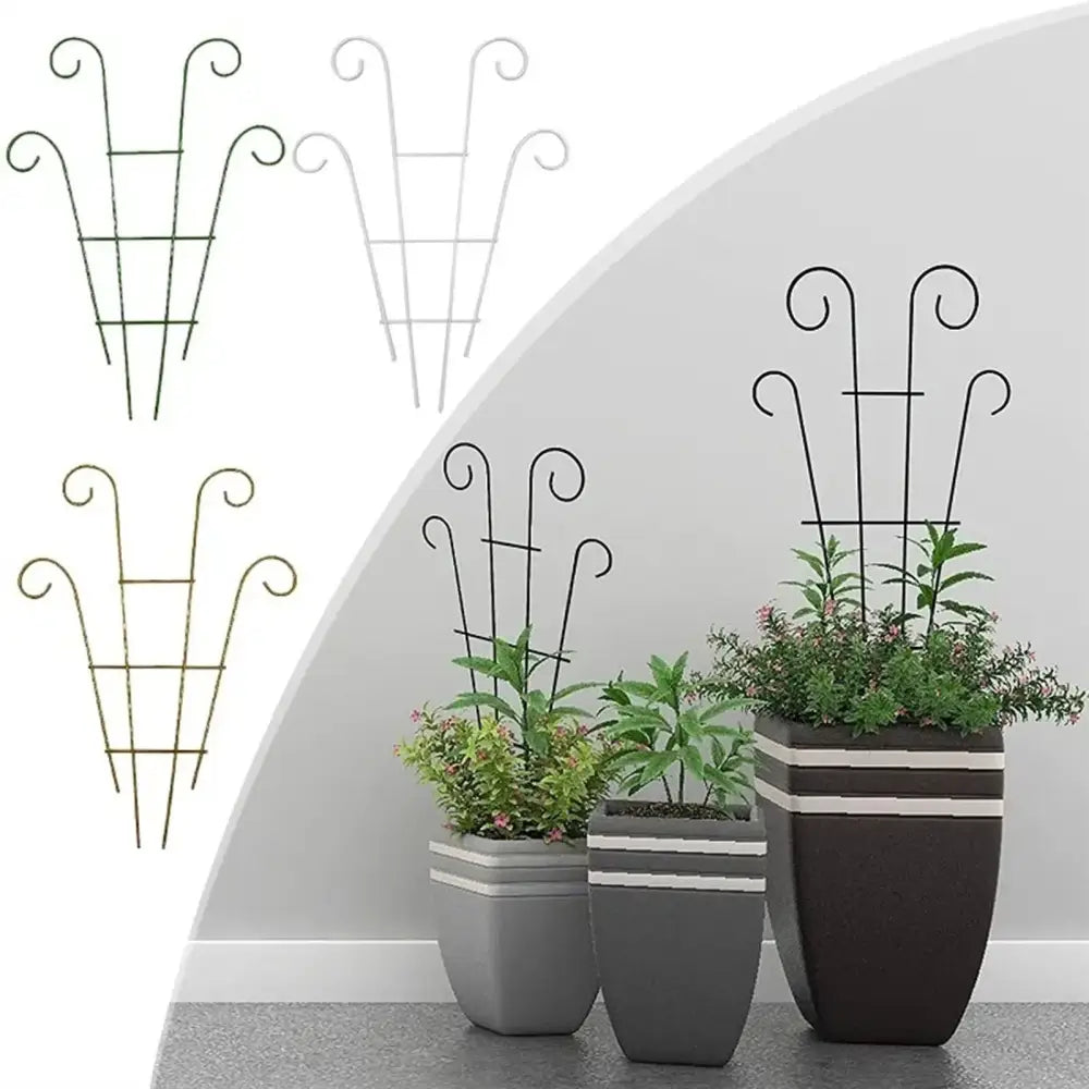 Black wrought iron metal garden plant stand with curved decorative top ends and grid design for indoor and outdoor use