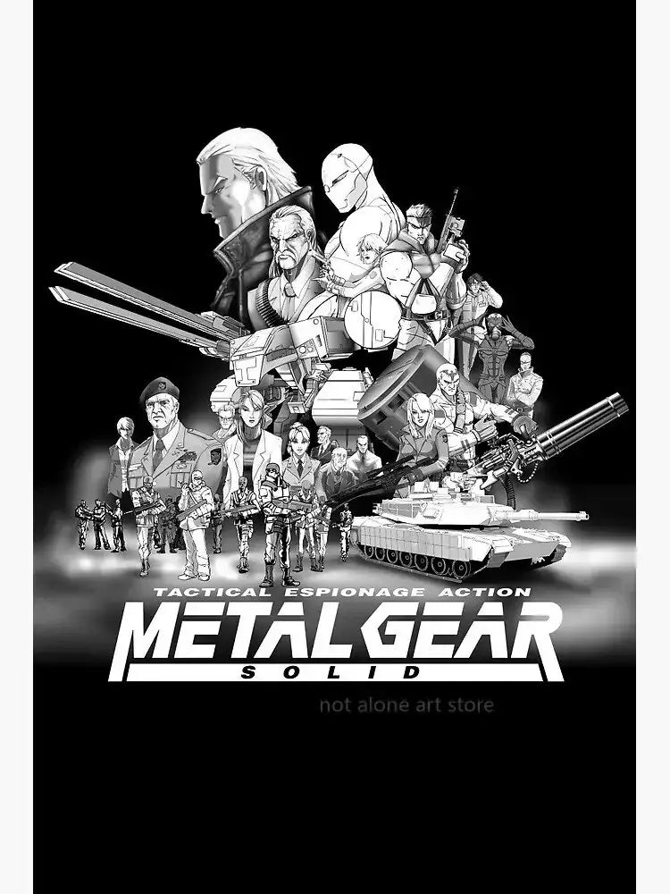 Black-and-white metal gear solid art poster featuring characters and a tank on canvas print by decorbites