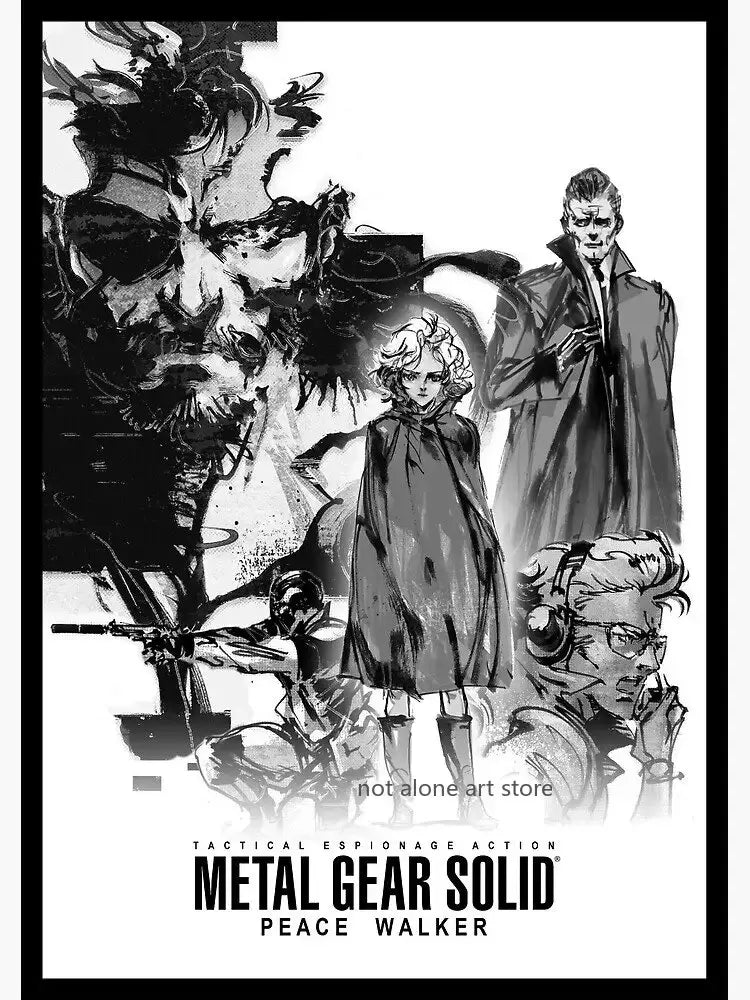 Black-and-white metal gear solid art poster featuring stylized character portraits on canvas print by decorbites