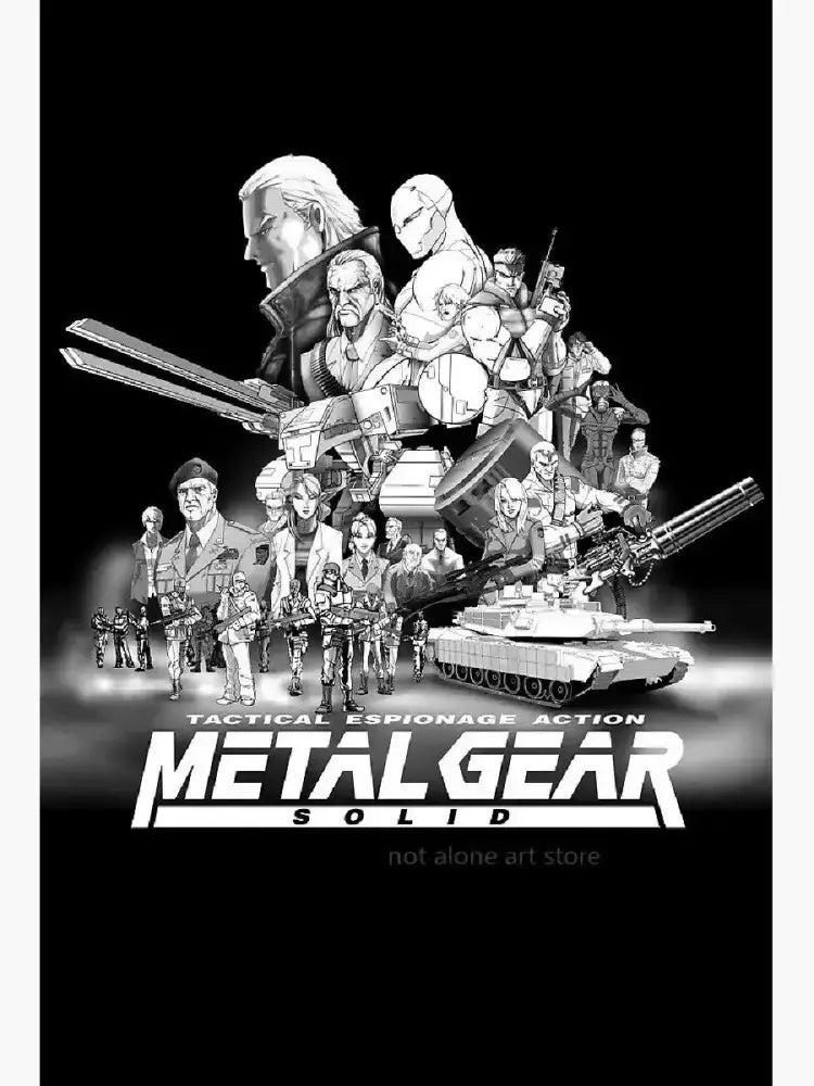 Black-and-white metal gear solid canvas print poster featuring character lineup and military vehicles by DecorBites™