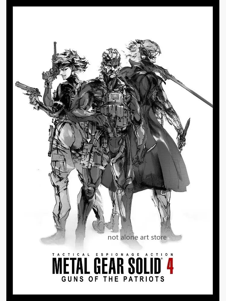 Black-and-white metal gear solid art poster canvas print featuring three armored characters from metal gear solid 4
