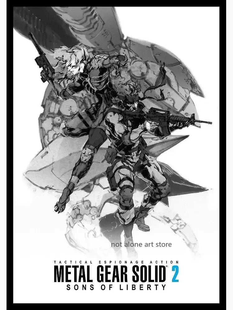 Black-and-white metal gear solid illustrated art poster on canvas featuring two armored soldiers with rifles