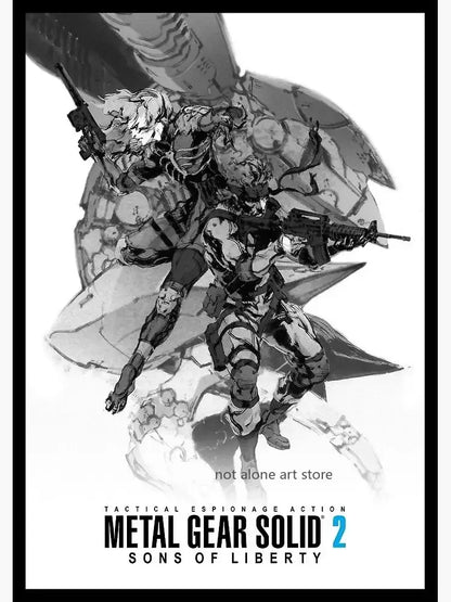 Black-and-white metal gear solid illustrated art poster on canvas featuring two armored soldiers with rifles