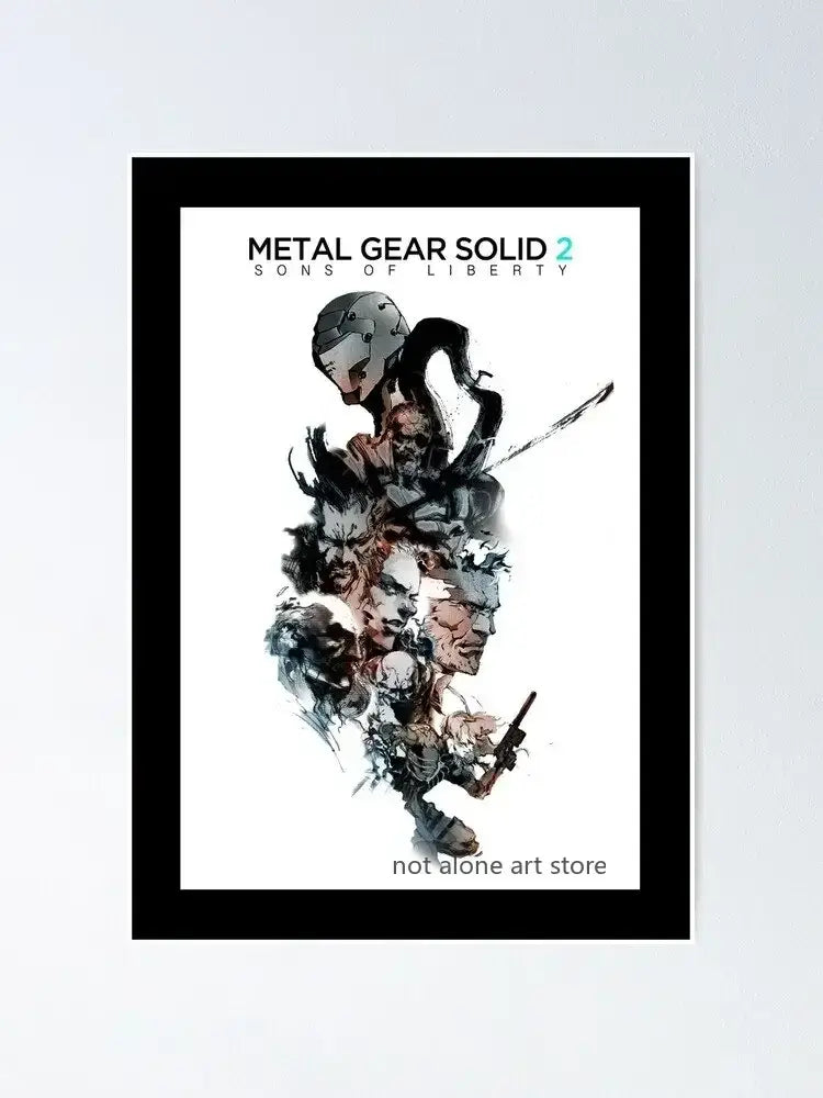 Black-framed metal gear solid 2 sons of liberty poster featuring stylized layered illustration on canvas print