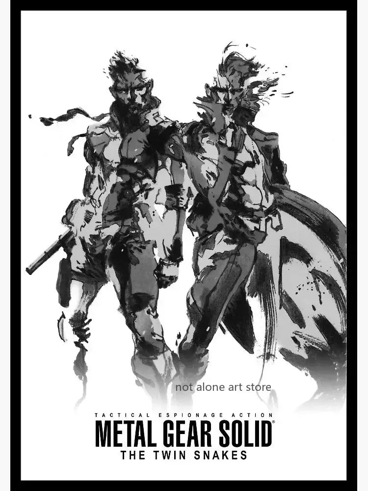 Black and white ink illustration metal gear solid poster featuring two muscular armored figures on canvas print