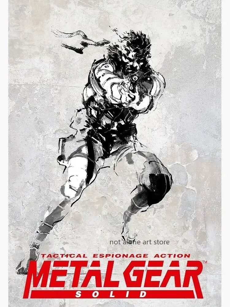 Black and white ink metal gear solid soldier illustration on textured gray paper canvas print by DecorBites™