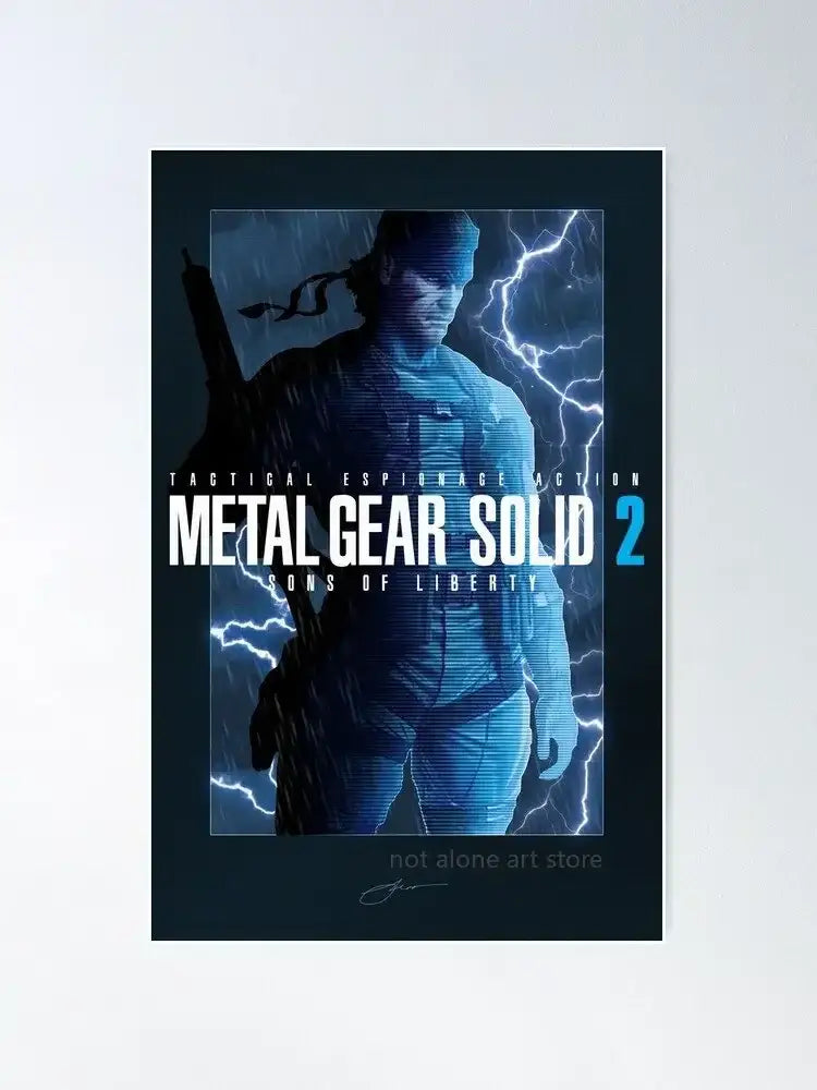 Blue-toned decorbites metal gear solid art poster canvas print featuring big boss with lightning effects in stylized digital art