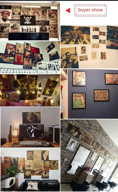 A collection of vintage-style metal gear solid art posters on canvas print featuring anime movie and music themes