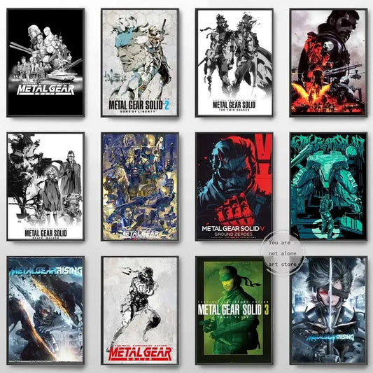 Collection of framed metal gear solid art posters featuring various characters and vibrant artwork styles on canvas print