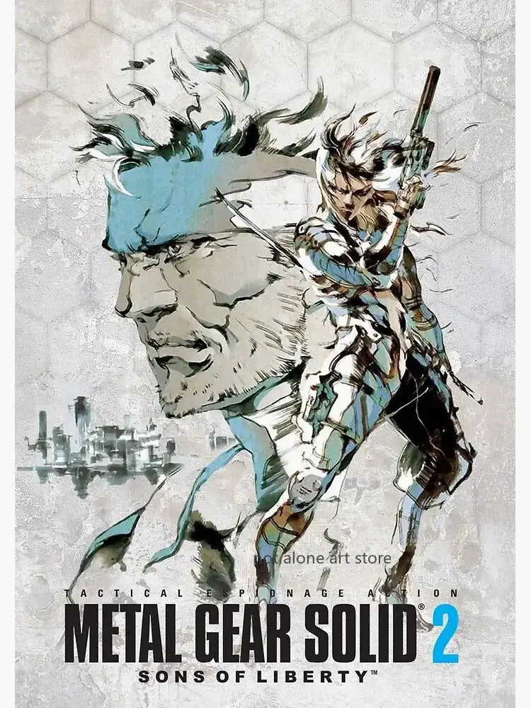 Decorbites™ metal gear solid art poster canvas print features blue and gray stylized illustration of two characters