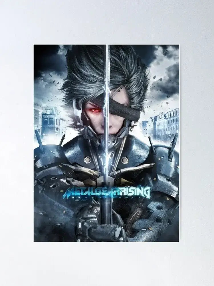 DecorBites™ metal gear solid art poster canvas print featuring dark metallic armored character with glowing red eyes