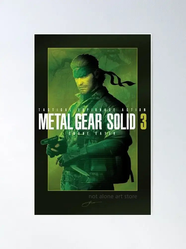 Green-toned metal gear solid poster featuring solid snake with bold white and yellow text on canvas print by decorbites