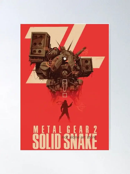 Red canvas print poster featuring stylized solid snake mech illustration with bold white text for metal gear solid decor