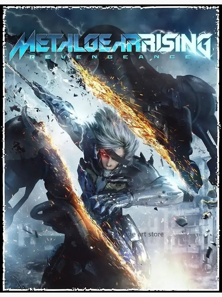 Decorbites metal gear solid art poster canvas print featuring silver-haired cybernetic warrior with glowing sword