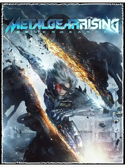 Decorbites metal gear solid art poster canvas print featuring silver-haired cybernetic warrior with glowing sword