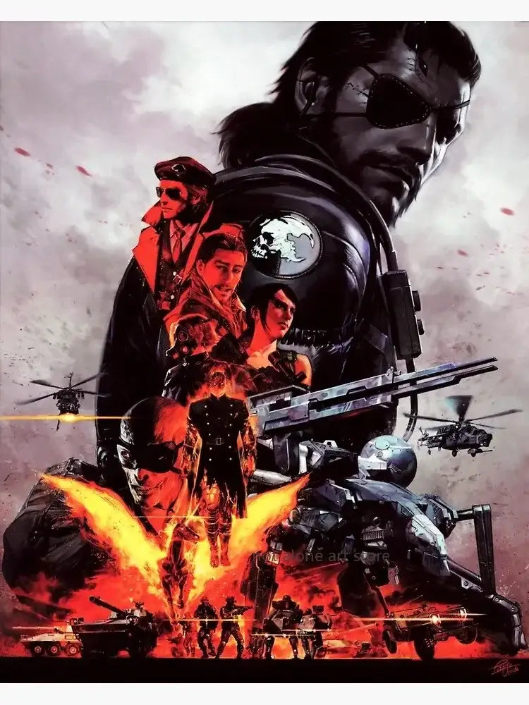 Stylized high contrast metal gear solid art poster featuring big boss in dark tactical suit with eyepatch and helmet on canvas print