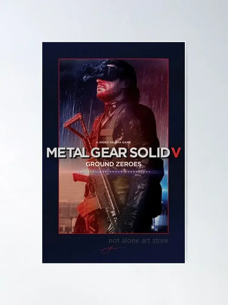 DecorBites™ metal gear solid art poster canvas print with soldier in red and black tactical gear holding assault rifle