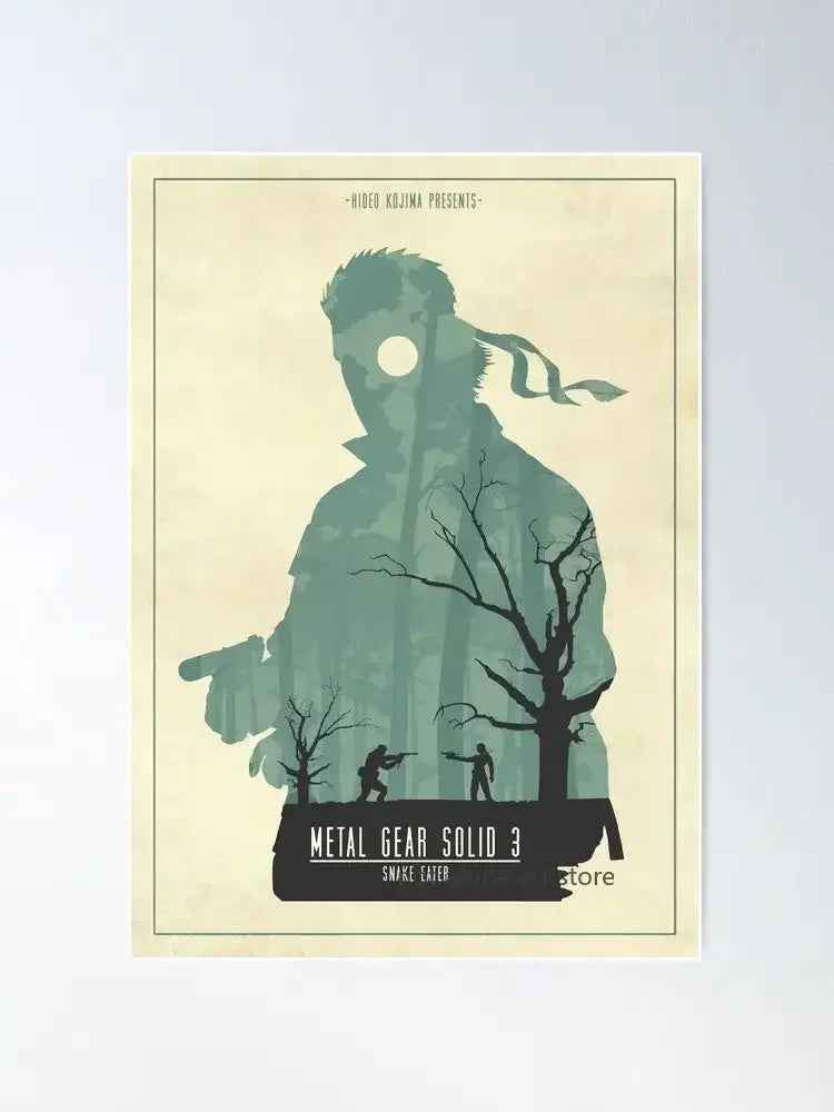 Vintage-style decorbites canvas print featuring teal and black metal gear solid 3 snake eater silhouette on cream background