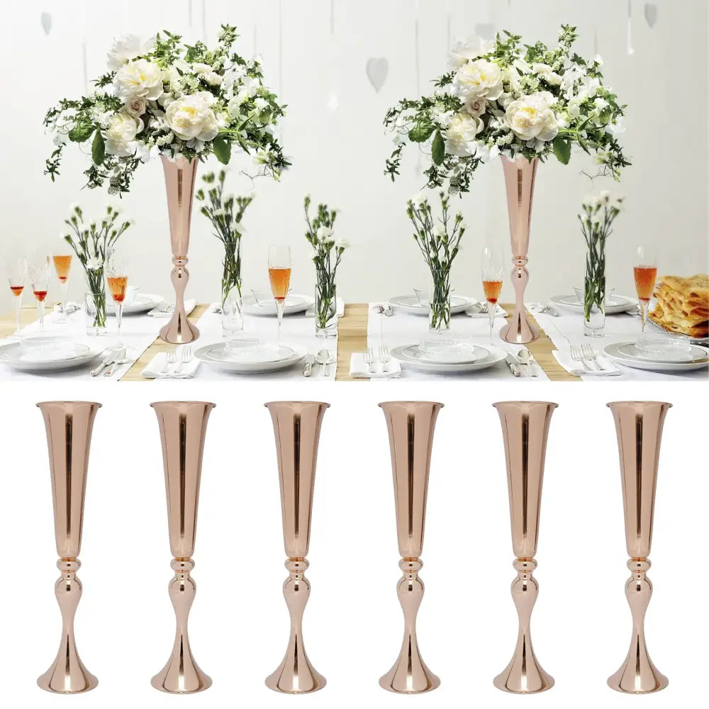 Rose gold metallic tall flower stand vases with flared bases and slender stems for use as candle holder or stand vase candle