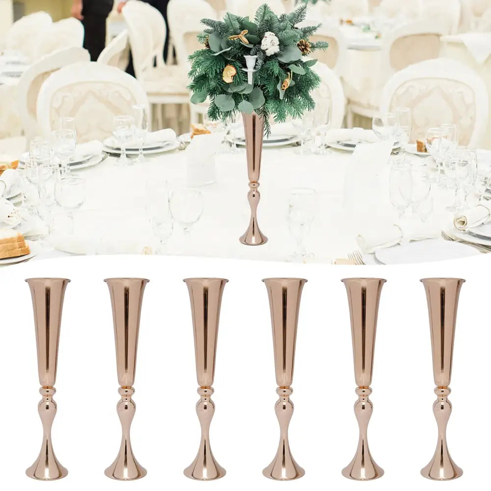 Rose gold metallic tall DecorBites™ metal flower stand candle holder vase with flared base and slender neck