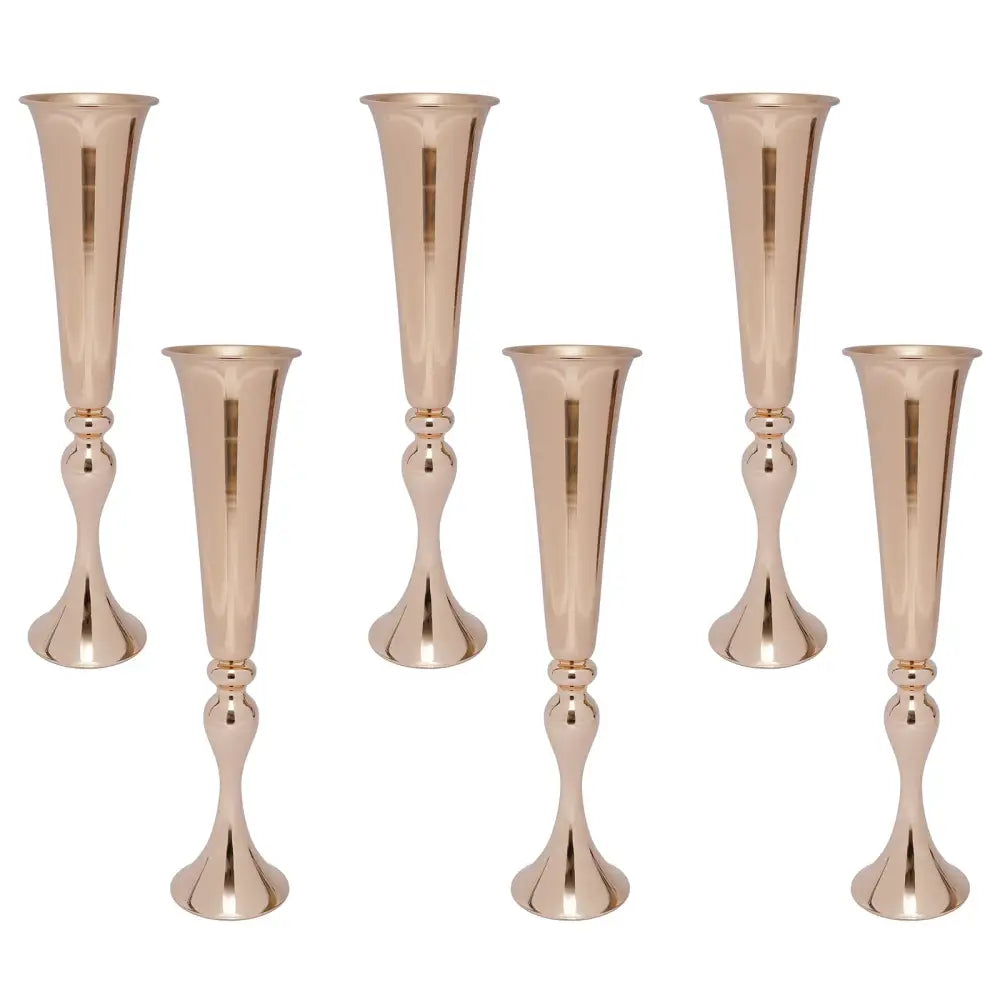 Set of five rose gold metallic metal golden flower stand vases with fluted stems and decorative ball accents candle holder