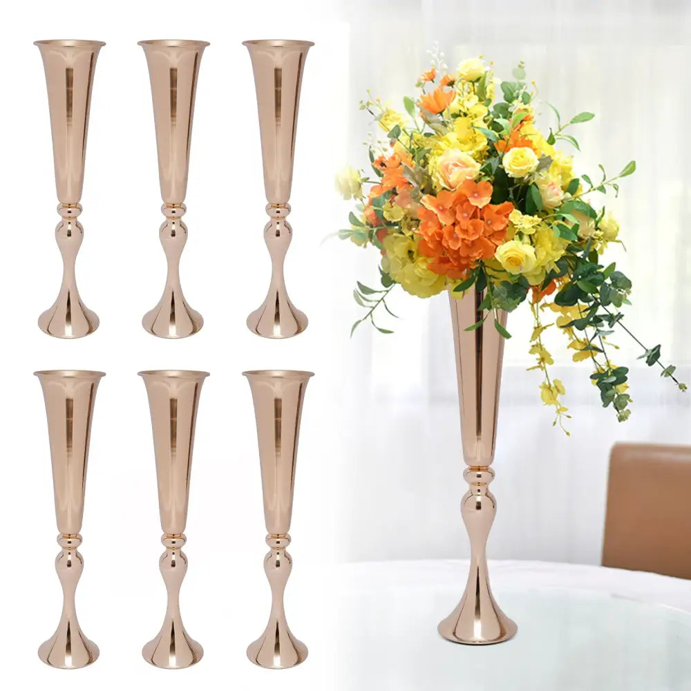 Six elegant rose gold metal candle holder stand vases with fluted design and decorative spherical accents by decorbites