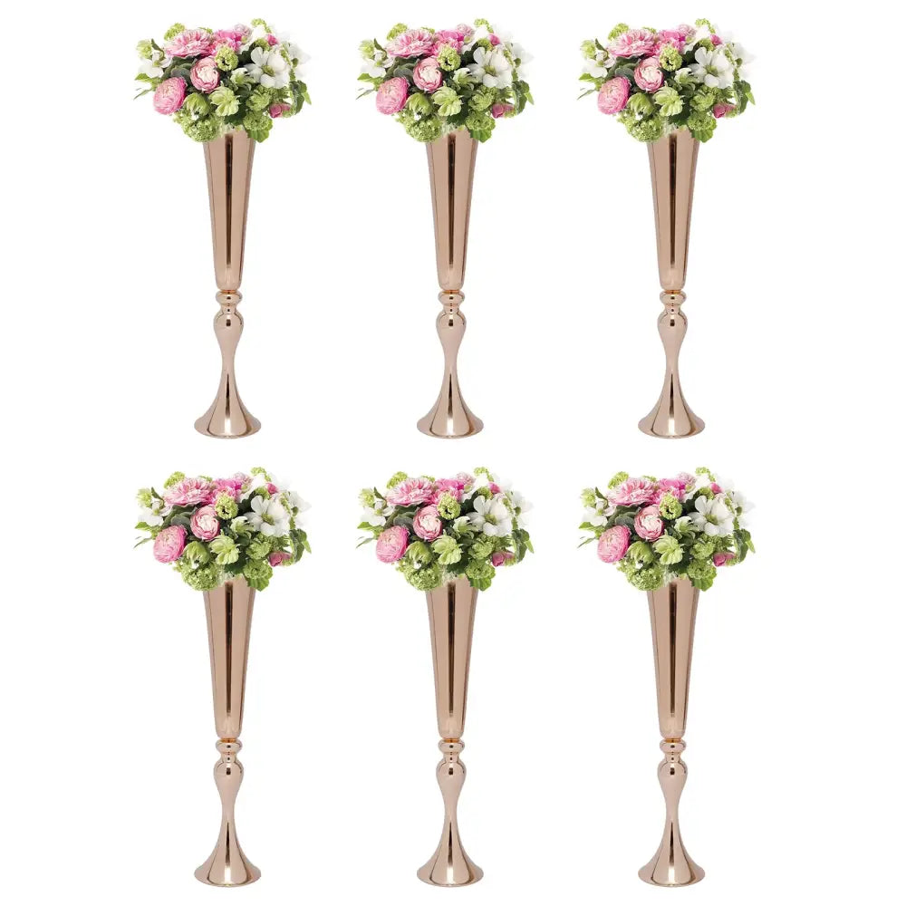Six rose gold metallic decorbites metal golden flower stand tall vases with pink white artificial flowers candle holder