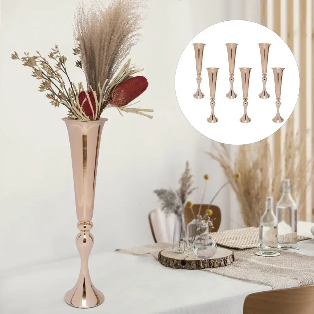 DecorBites™ metal golden flower stand candle holder in rose gold with flared top and decorative bead accents