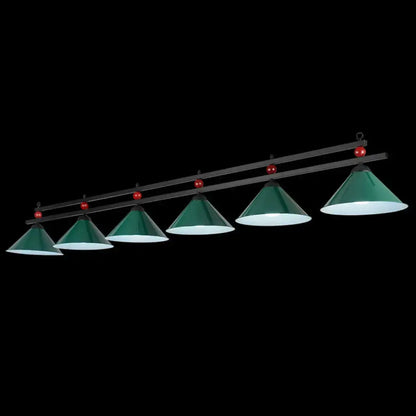 Decorbites metal hanging island light with green conical shades and red accents on black metal bar for industrial decor